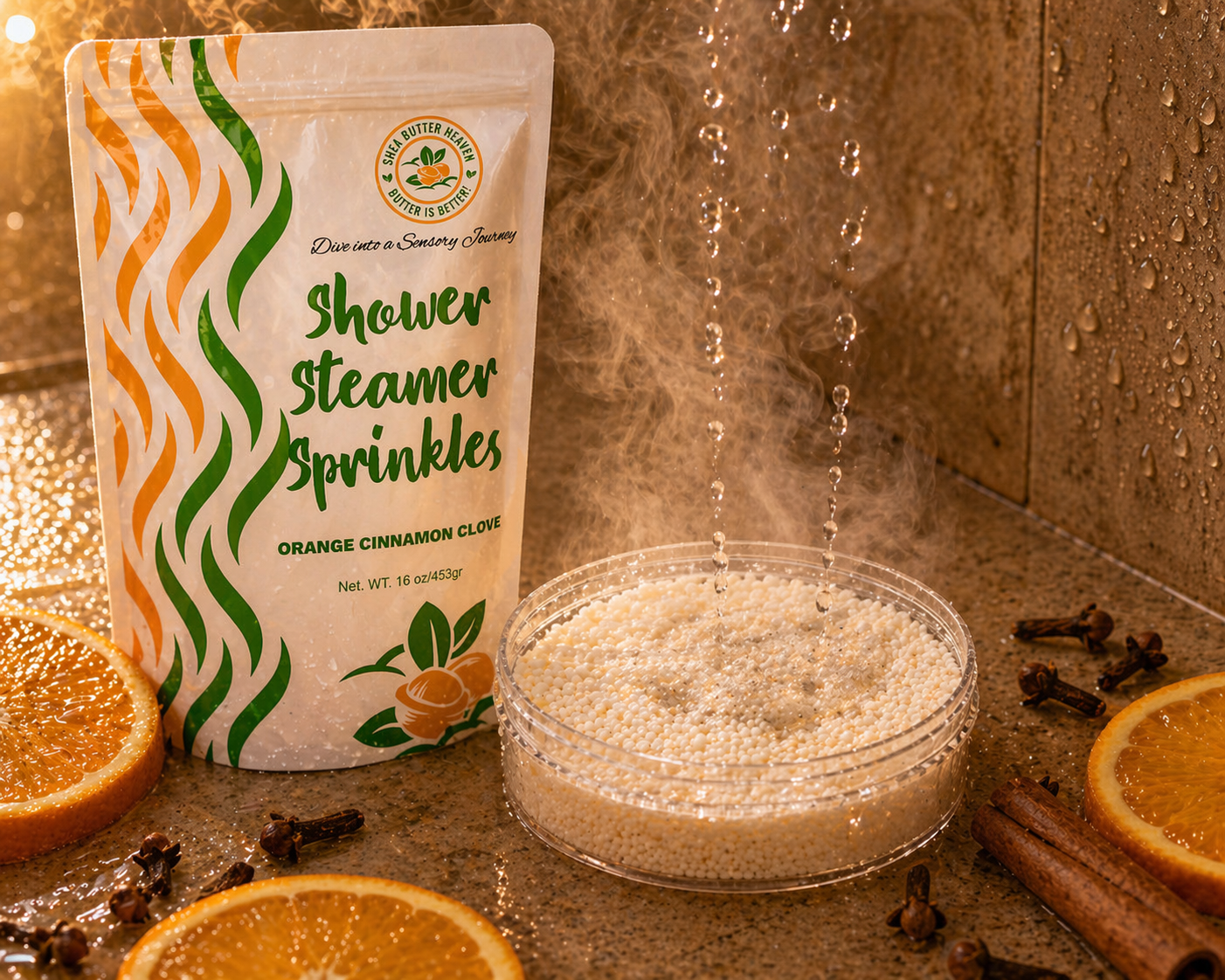 Zesty Citrus and Spiced Clove Shower Steamer Sprinkles pouch beside an activated bowl on a wet shower floor with orange slices cloves and cinnamon releasing warm aromatic steam for a spa like shower routine