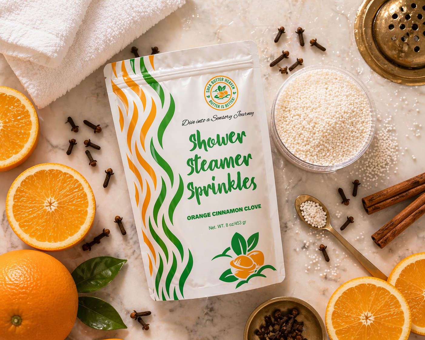 Zesty Citrus and Spiced Clove Shower Steamer Sprinkles pouch with orange slices cloves cinnamon sticks and bowl of granules arranged on a marble surface for a warm aromatic self care routine