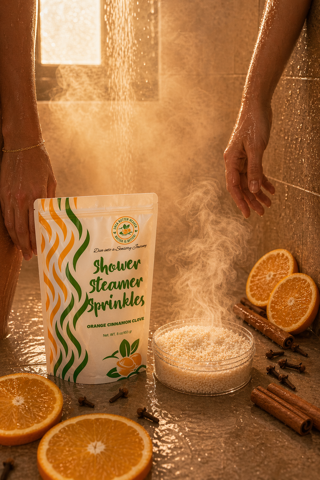 Zesty Citrus and Spiced Clove Shower Steamer Sprinkles pouch and activated bowl in a warm steamy shower with orange slices cinnamon sticks and cloves creating a rich aromatic self care routine