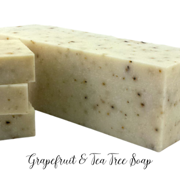 A blend of natural grapefruit and tea tree essential oil. It contains sea salt, ground oatmeal, and peppermint leaves to exfoliate. 5.5 oz bar soap