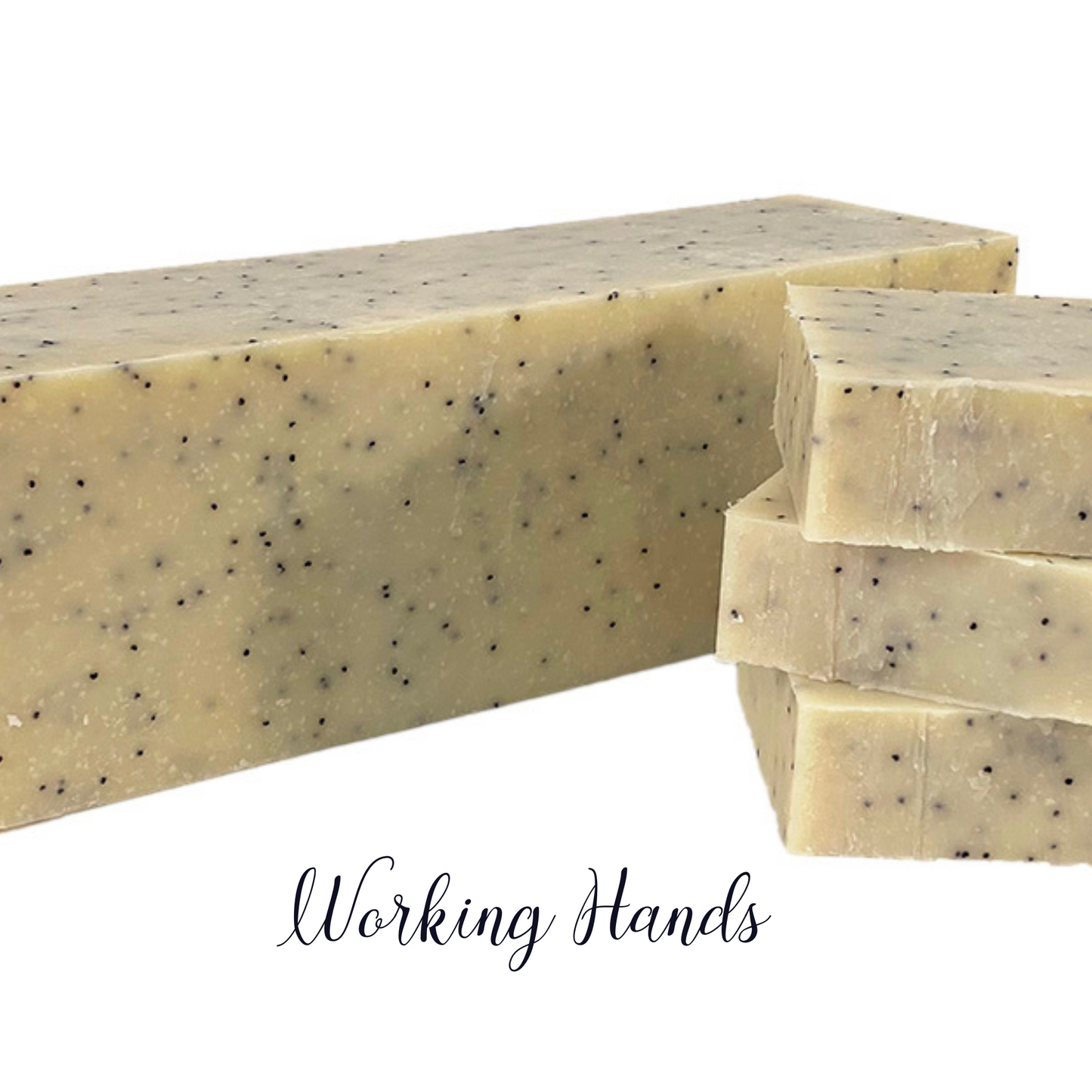 working hands scrub soap.Smells like Orange citrus with poppy seeds that act as a natural grime remover.